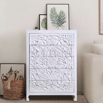 Wooden carved 5-drawer dresser 'Calyta' - White