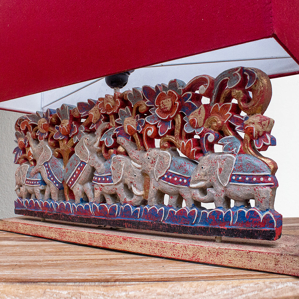 Carved Table Lamp '6 Elephants' - Red