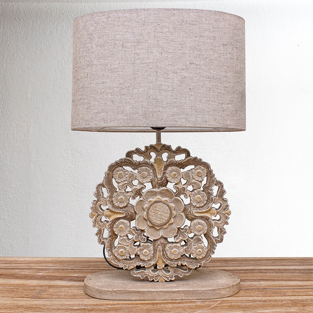 Carved Table Lamp 'Diya' - Brown
